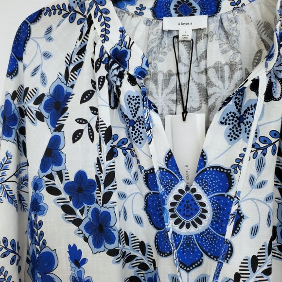 A Loves A Women's Floral Blu/White V-Neck Tassel Peasant Dress Size Large - Picture 7 of 15